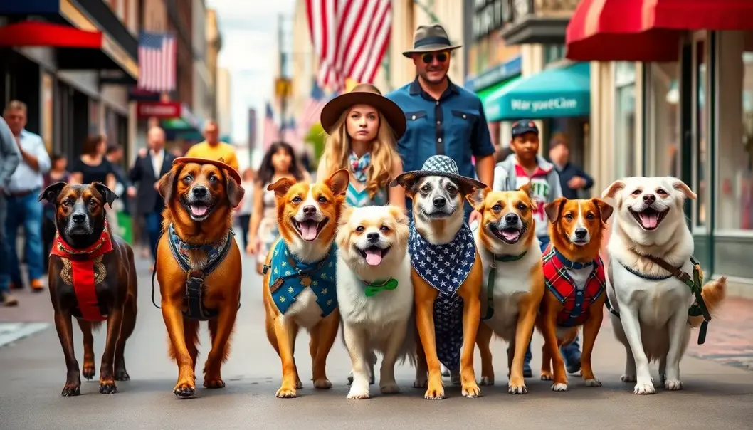Different dog breeds in quirky outfits leading humans on an American street.
