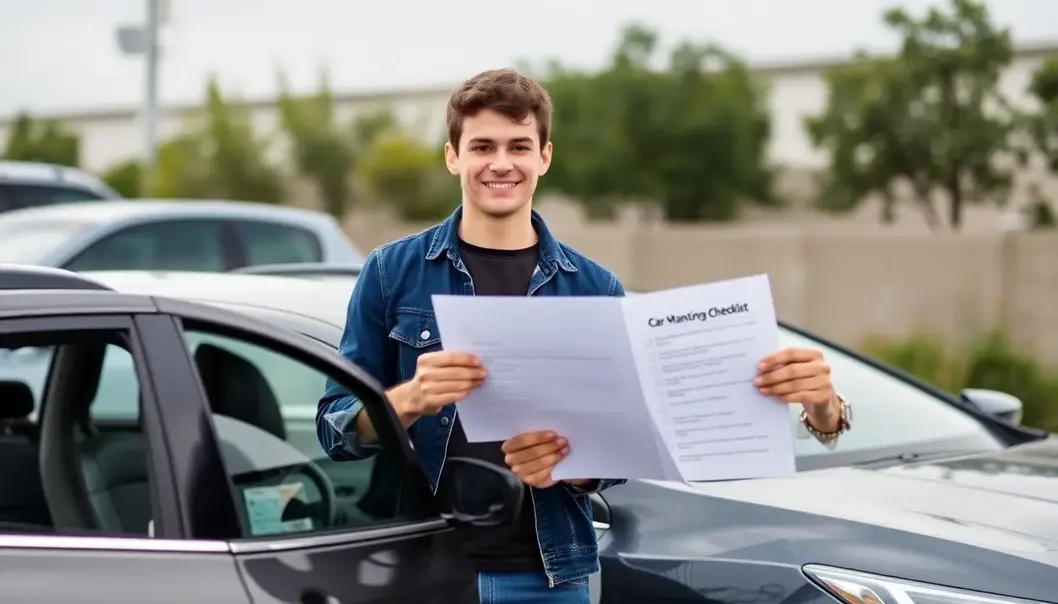 Person standing beside a car with a maintenance checklist.