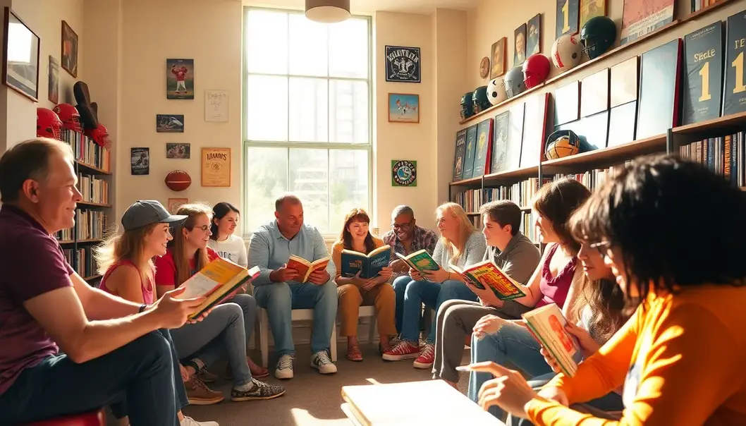 A diverse group of people discussing books in a room filled with sports memorabilia.
