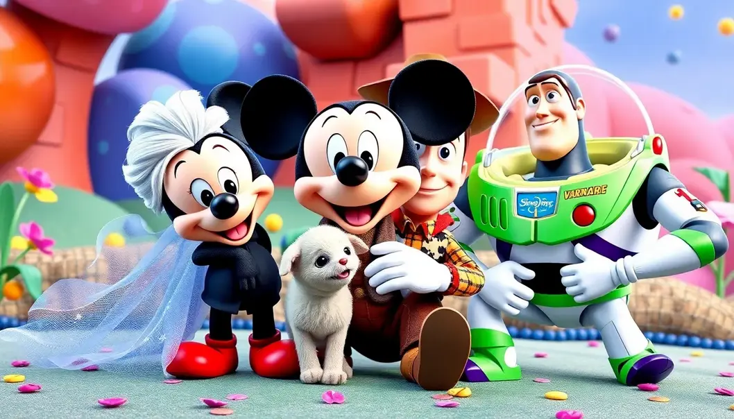Mickey Mouse, Elsa, Woody, and Buzz Lightyear interacting in a vibrant, imaginative setting.