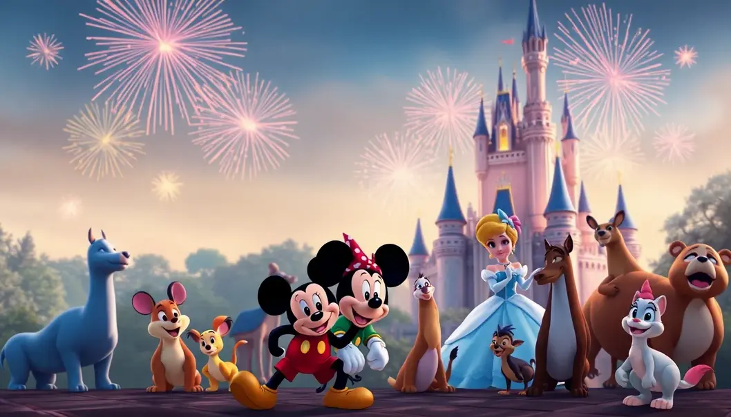 Classic Disney characters and animated animals in a fairytale setting.