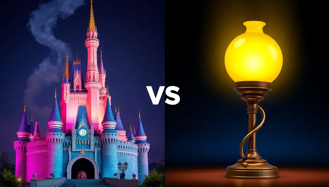 Disney’s castle and Pixar’s lamp together in vibrant colors.