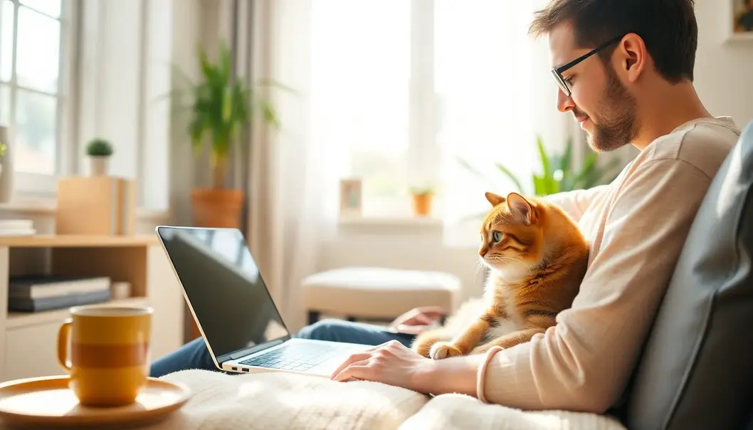 Person learning online at home with a cat on their lap.