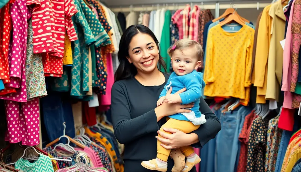 Parent holding a toddler in a thrift store, surrounded by colorful clothes.