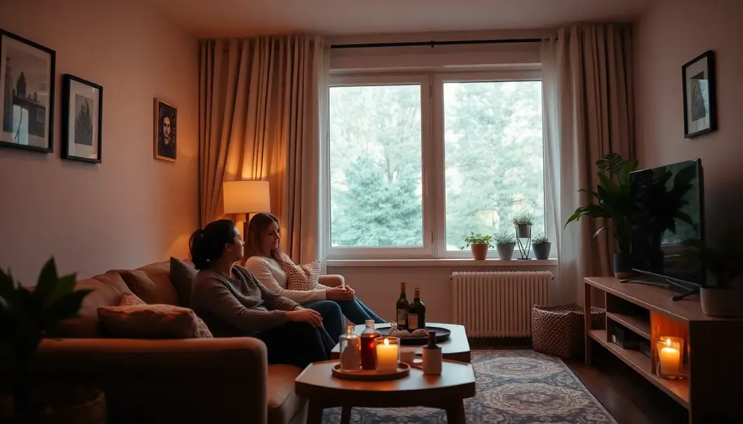 Couple in a small, cozy apartment living room with personalized decor.