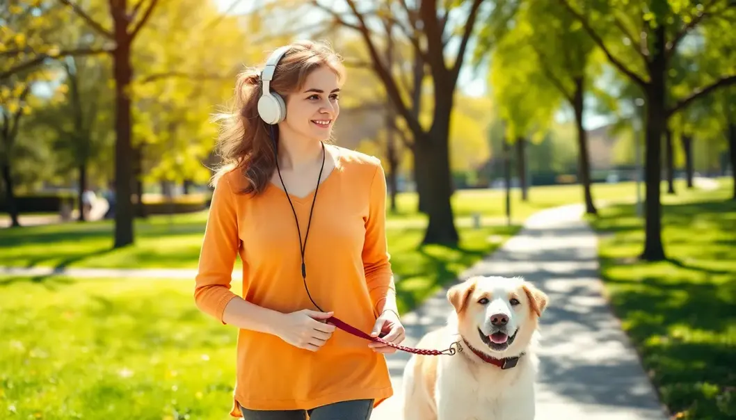 Listening to audiobooks while walking the dog combines learning and pet care.