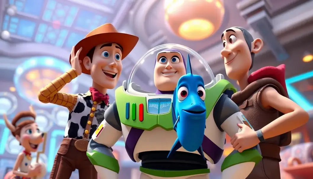 Classic Disney characters and animated animals in a fairytale setting.