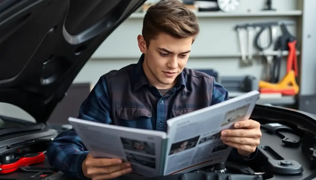Car Maintenance 101: The Ultimate Beginner's Guide A young adult exploring their car’s maintenance manual.