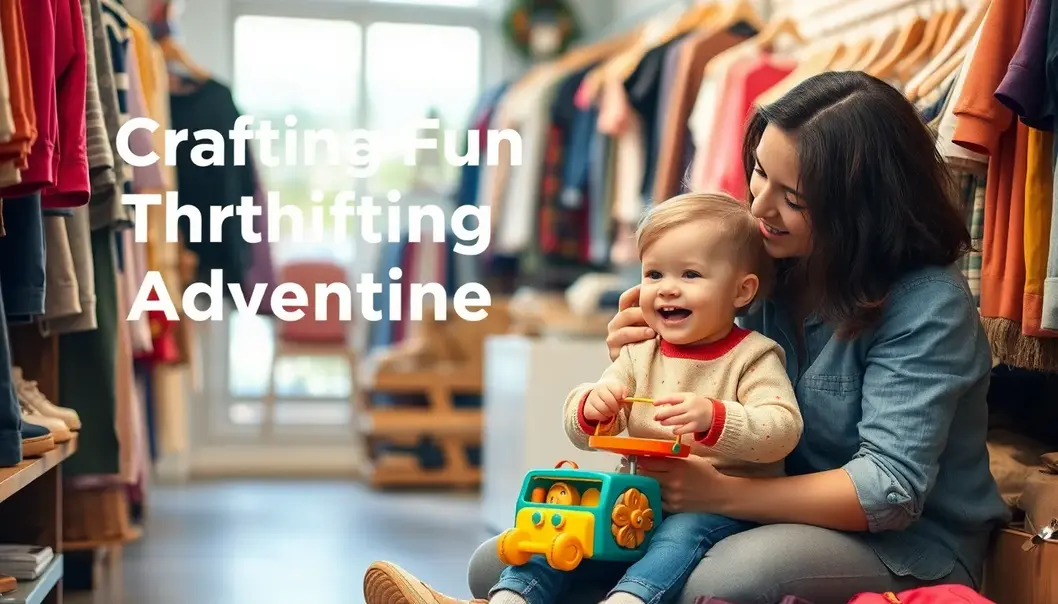 A parent and toddler discovering stylish outfits in a thrift store.