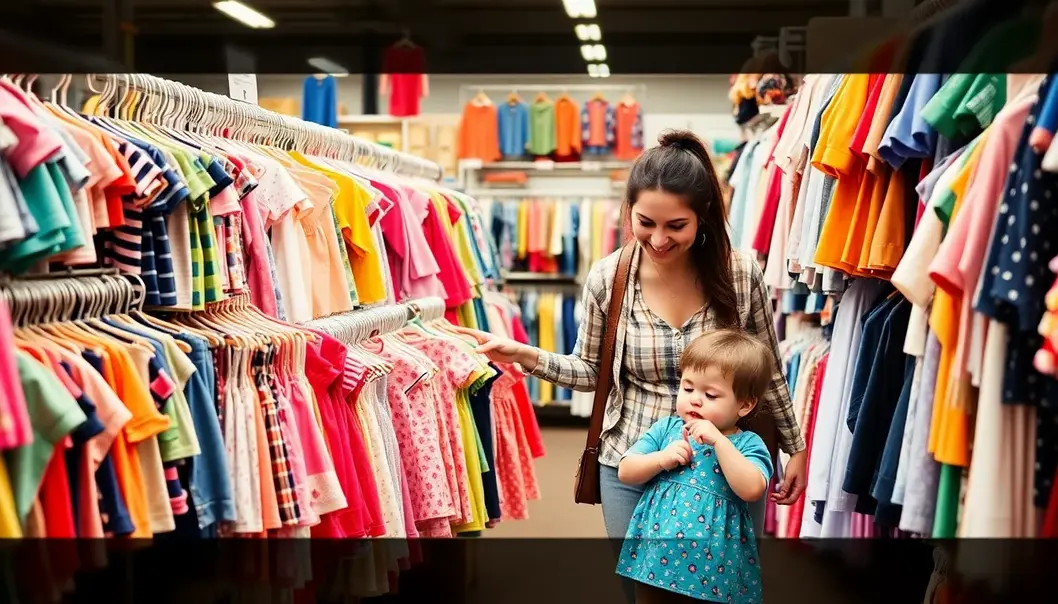 A parent and toddler discovering stylish outfits in a thrift store.